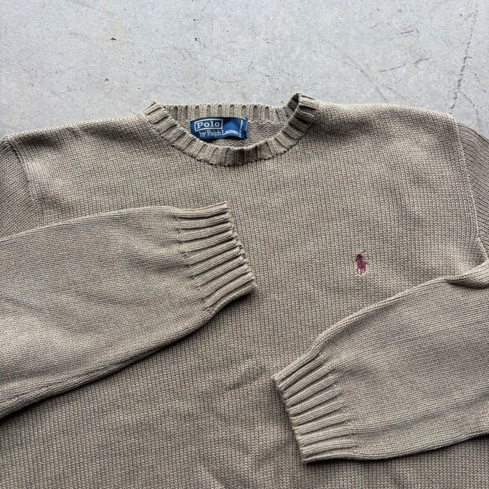 Vintage Polo Ralph Lauren Crewneck Sweater Tan Cotton Knit Mens Large